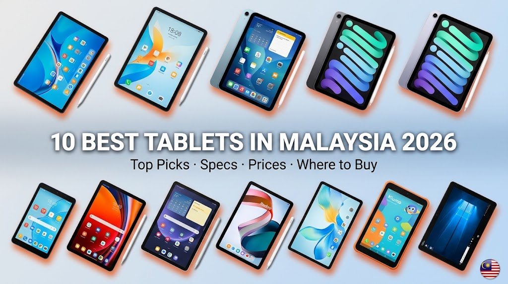 Featured image showing the 10 best tablets in Malaysia for 2026, including Samsung, Xiaomi, Apple, HONOR, Lenovo, Redmi, Infinix, and TechLife models.